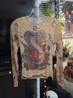 Snake & Rose Graphic Long Sleeve Tee - Neutral Pink Tones